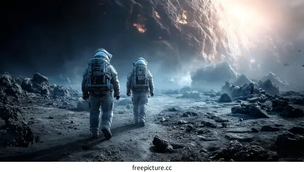 Astronauts Exploring Alien Landscape During Cosmic Catastrophe