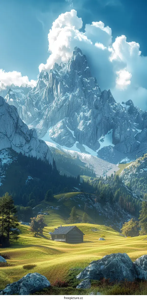 Majestic Mountain Scenery with a Rustic Cabin