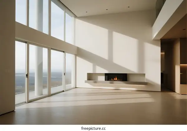 Modern minimalist living room with large windows and a fireplace