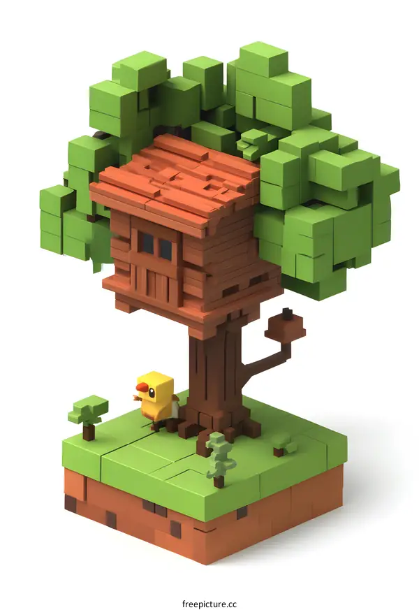 Pixelated Treehouse With A Bird