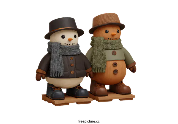 [Transparent Background PNG]Two Cute Cartoon Snowmen with Winter Outfits