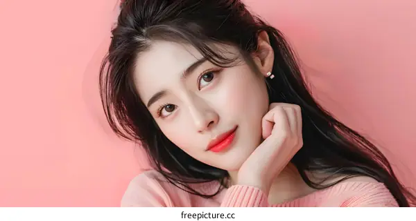 Portrait of a Young Asian Woman with Pink Background