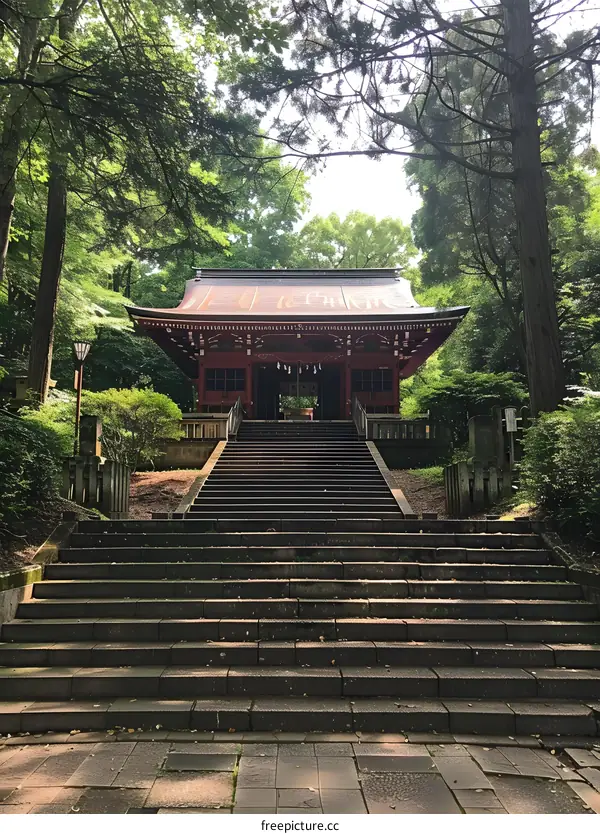 Stone Steps Leading Up To Japanese Shrine Entrance