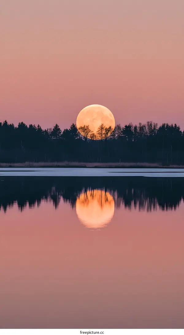 Full Moon Reflection in Pink Sky Over a Lake