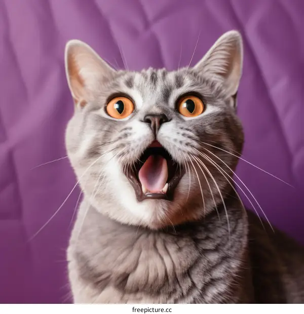 A gray British Shorthair cat with open mouth and big eyes