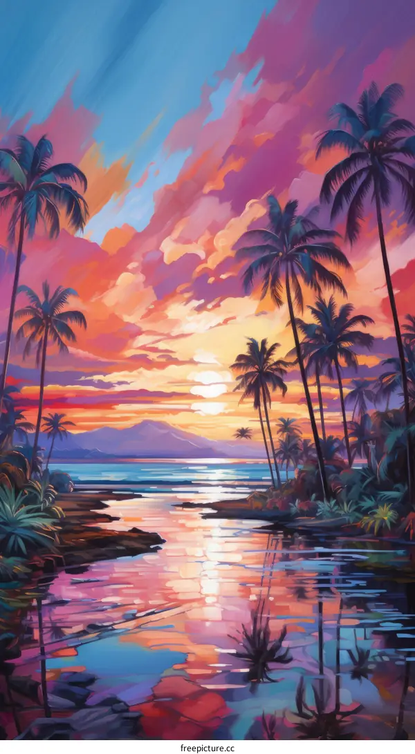 Colorful Sunset Over Tropical Beach With Palm Trees
