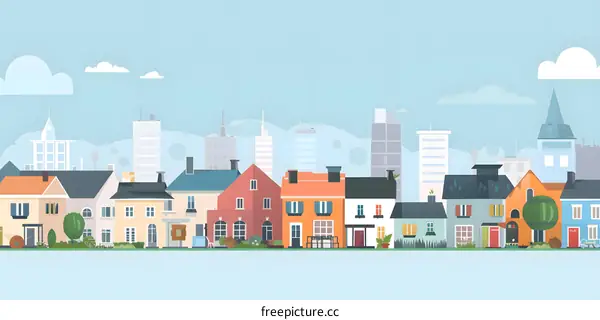 Cityscape Illustration with Colorful Houses and Sky