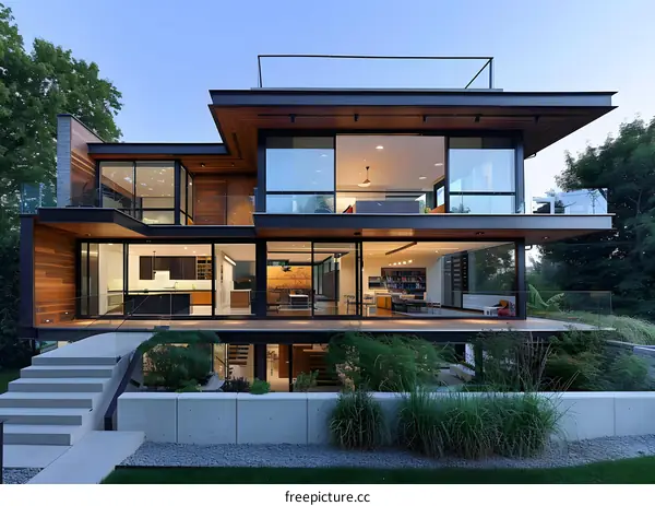 Modern House with Large Windows and Wooden Facade