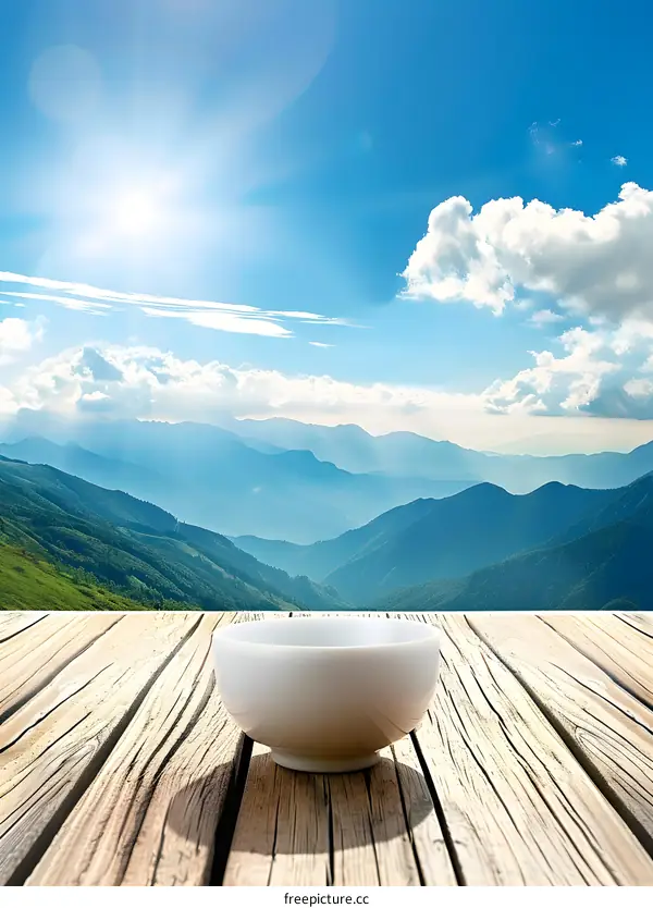 White Bowl on Wooden Table with Mountain and Sky Background