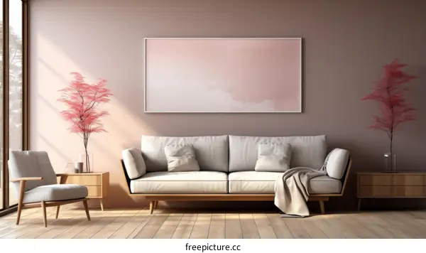 A serene living room with a large pink painting
