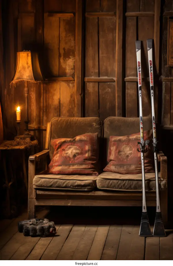 Rustic Cabin Interior with Ski Gear