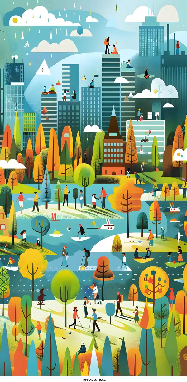 City Park Illustration with People Enjoying Nature