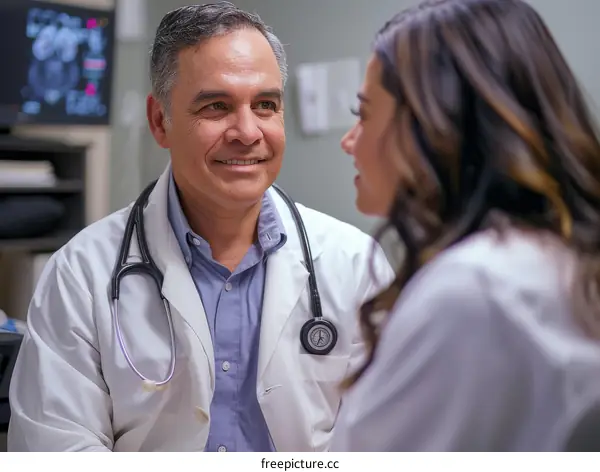 Hispanic male doctor talking to female patient