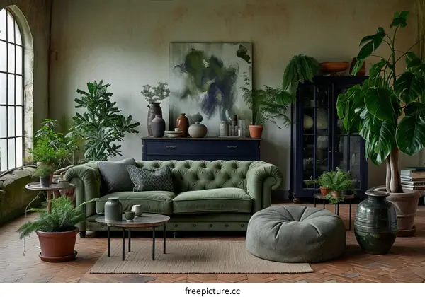 A green living room with a sofa, coffee table, rug, plants, and a cabinet