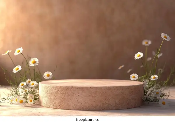 Beige Wooden Display Podium with Daisies