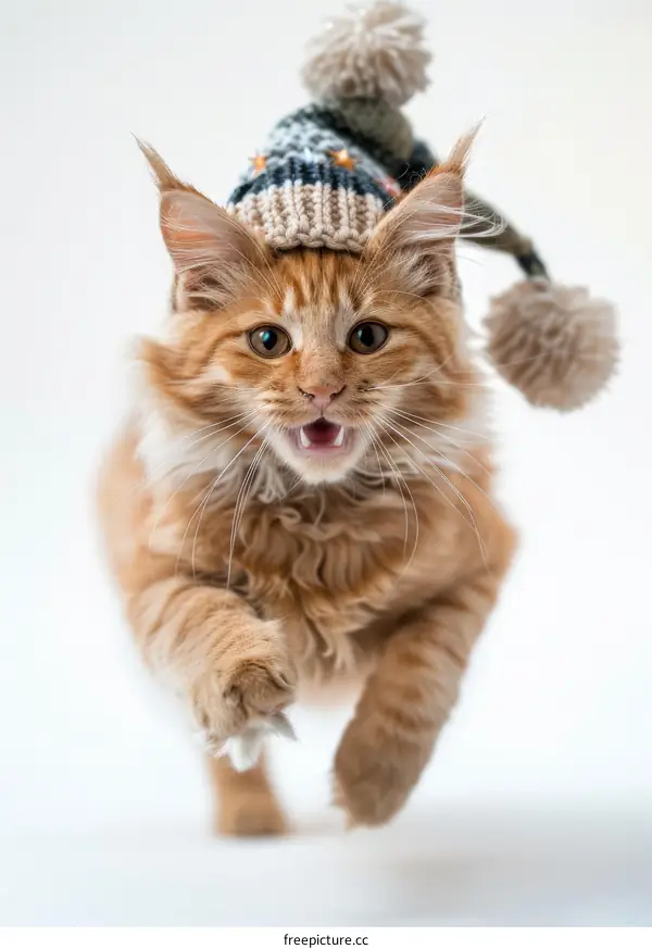 A ginger kitten wearing a winter hat is running towards the camera with its mouth open