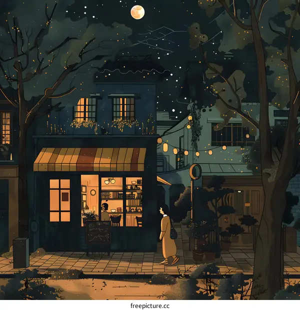 Nighttime Street Scene with Woman Walking Past a Store