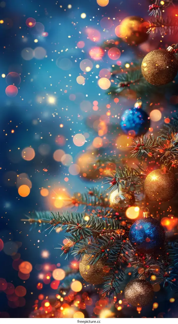 Christmas tree with blue and gold ornaments