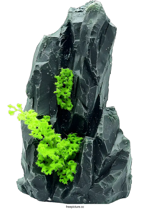 [Transparent Background PNG]Artificial Rock with Green Moss for Aquarium Decoration