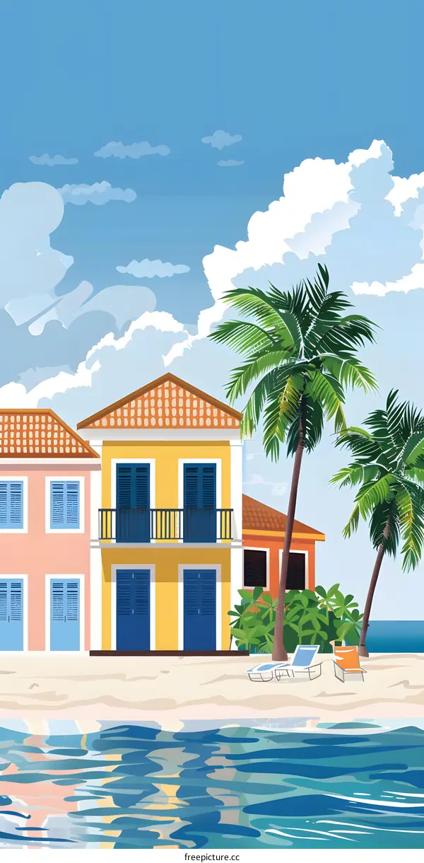 Tropical Beach Scene With Palm Trees and Houses