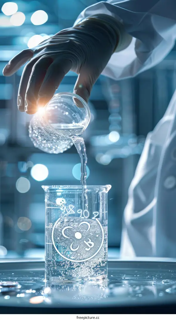 Chemist pouring liquid from one glass beaker to another