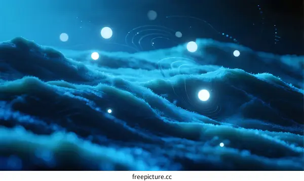 Glowing Blue Waves with Abstract Light Spots in Deep Ocean