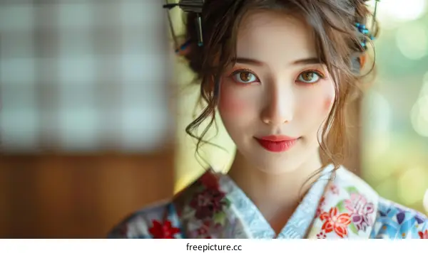 Portrait of a beautiful Asian woman in traditional Japanese kimono