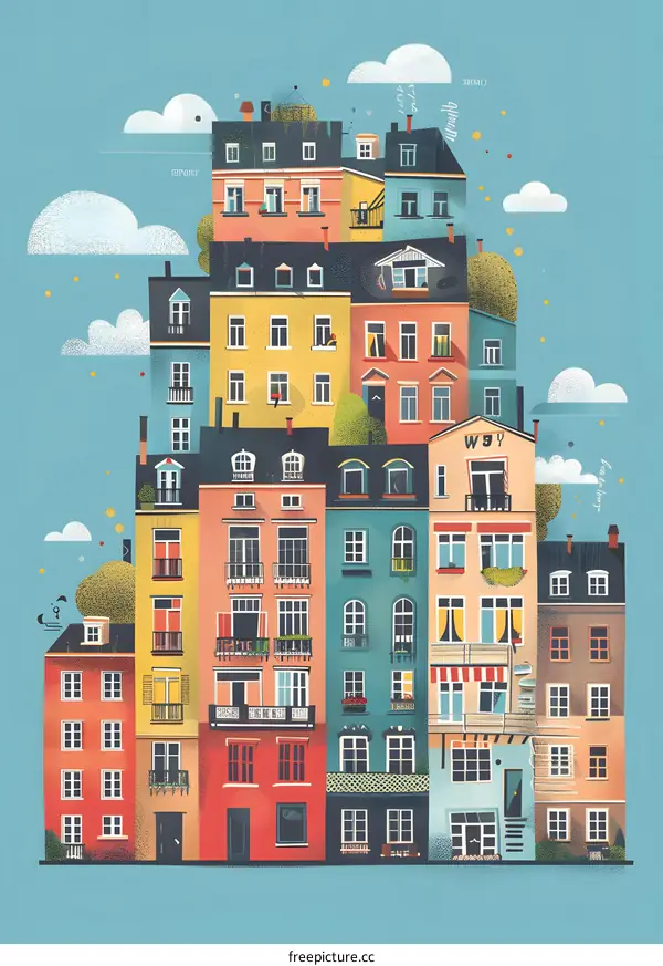 Colorful Illustration of City Buildings with Blue Sky