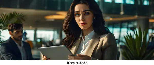 Young Businesswoman Using Tablet in Modern Office