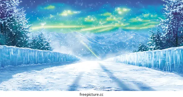 Winter Landscape With Mountains And Aurora Borealis