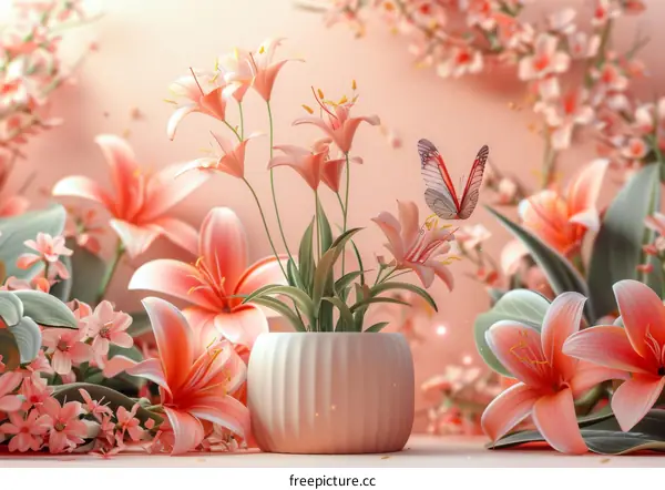 Beautiful Pink Lily Garden with Butterfly