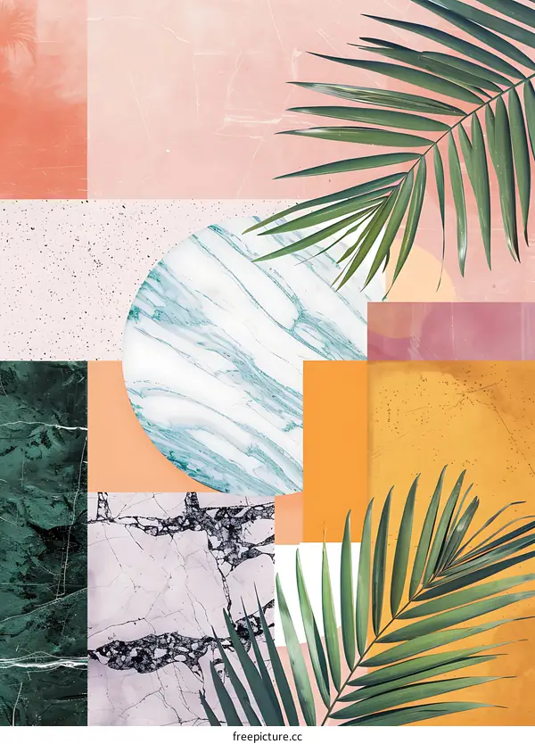 Abstract Tropical Collage with Marble and Palm Leaves