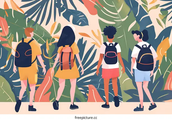 Four People Walking Through Tropical Leaves