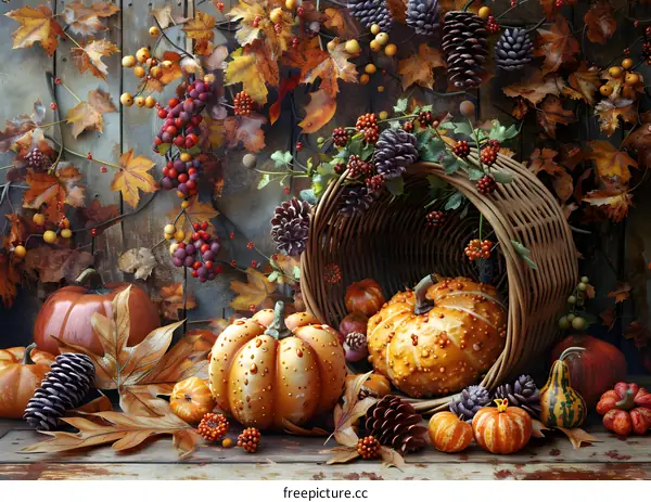 Colorful Autumn Leaves and Pumpkins