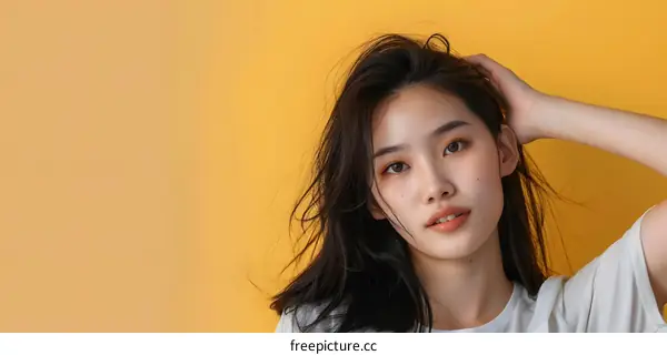 Asian Woman With Long Black Hair Posing Against Yellow Background