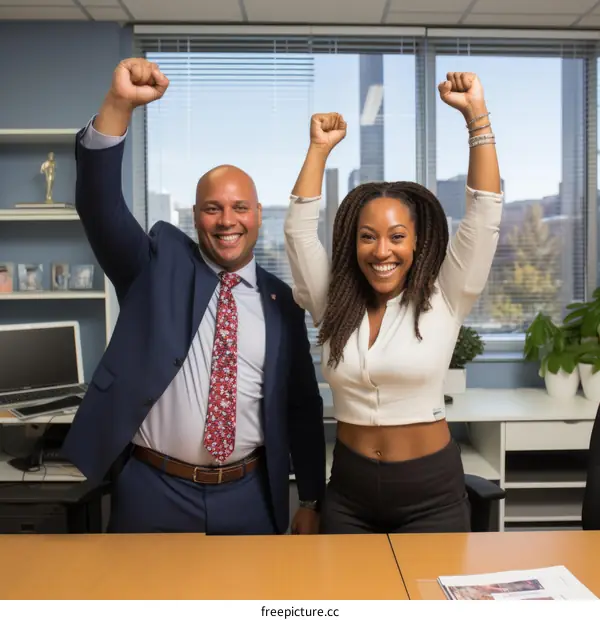 Two people celebrating their success in the office