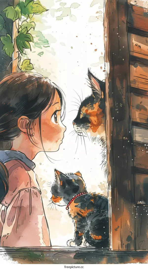 Little Girl and Cats Watercolor Painting