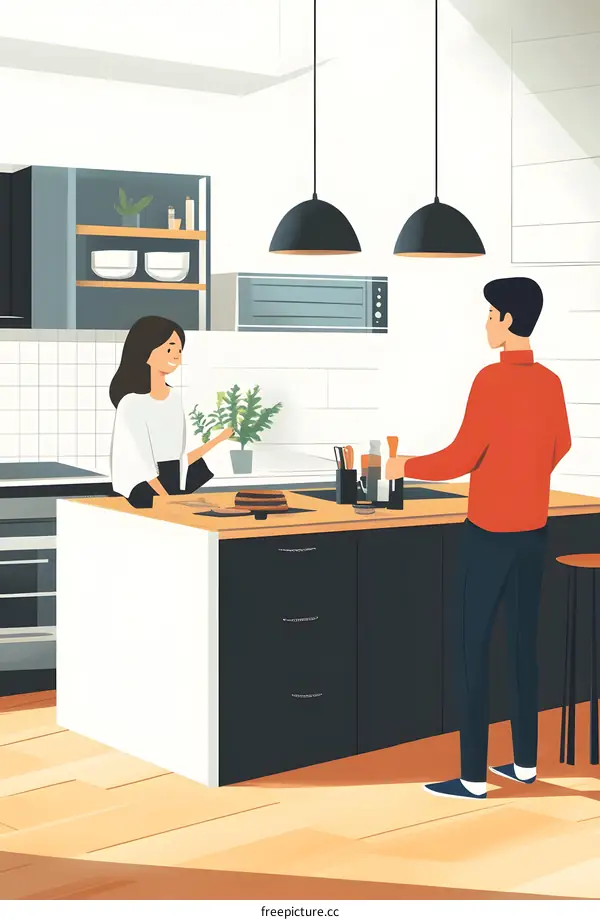 Couple Cooking Together In Modern Kitchen Illustration