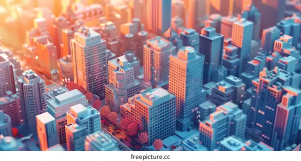 Miniature City Model with Sunset and Orange Trees