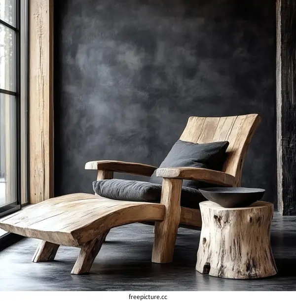 Rustic Wooden Lounge Chair and Ottoman Set
