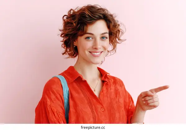 Smiling Woman in Red Shirt Pointing