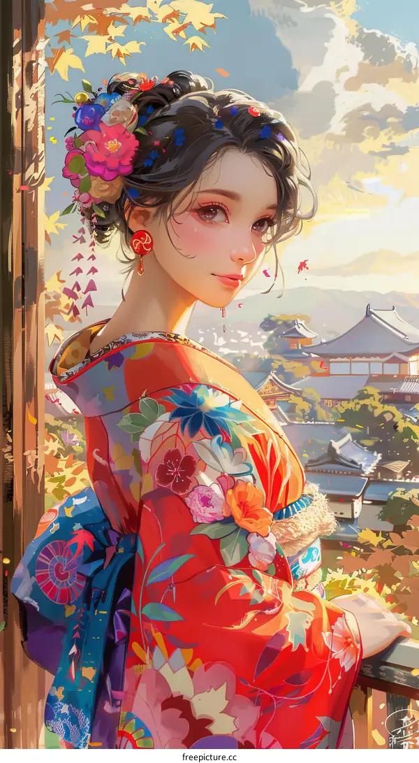 A beautiful Japanese woman wearing a kimono stands in a traditional Japanese garden.