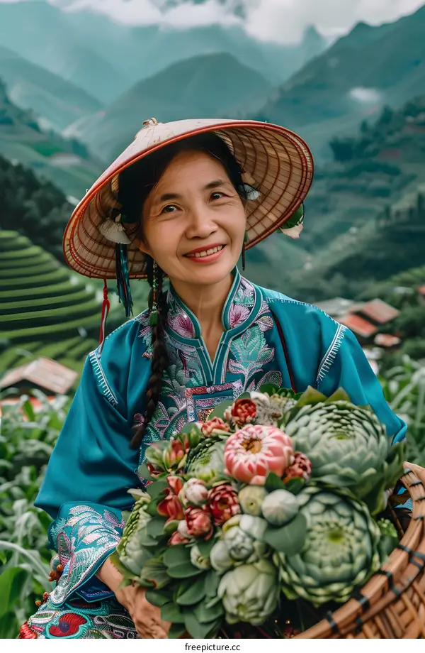 Vietnamese Woman in Traditional Clothing Holding Flowers in a Mountainous Landscape