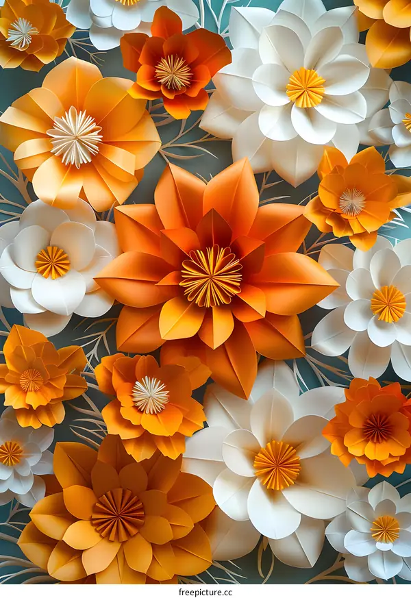 Orange and White Paper Flowers on Blue Background