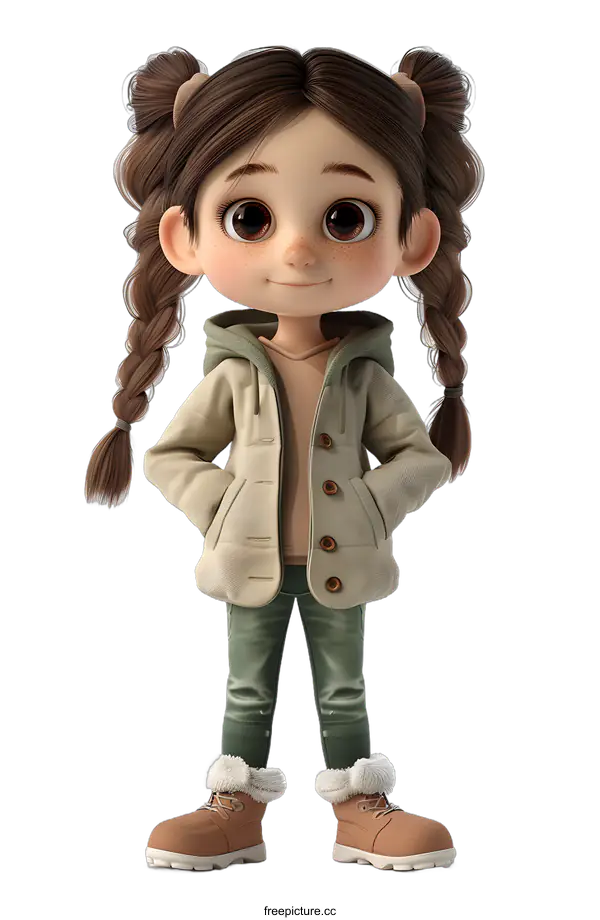[Transparent Background PNG]Cute Cartoon Girl Character with Brown Hair and a White Background