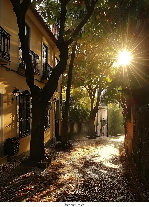 Sunlight Shining Through Trees In A Cobblestone Alley
