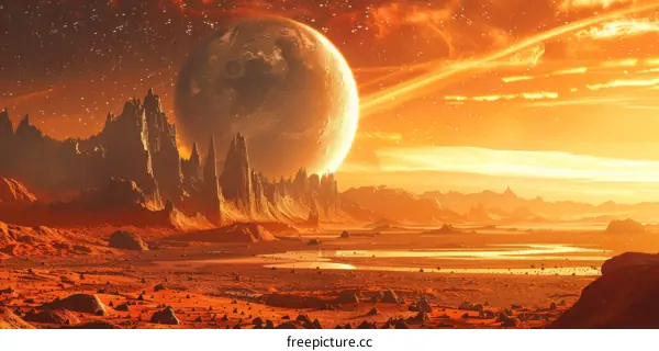 An illustration of a red planet with two moons in the background