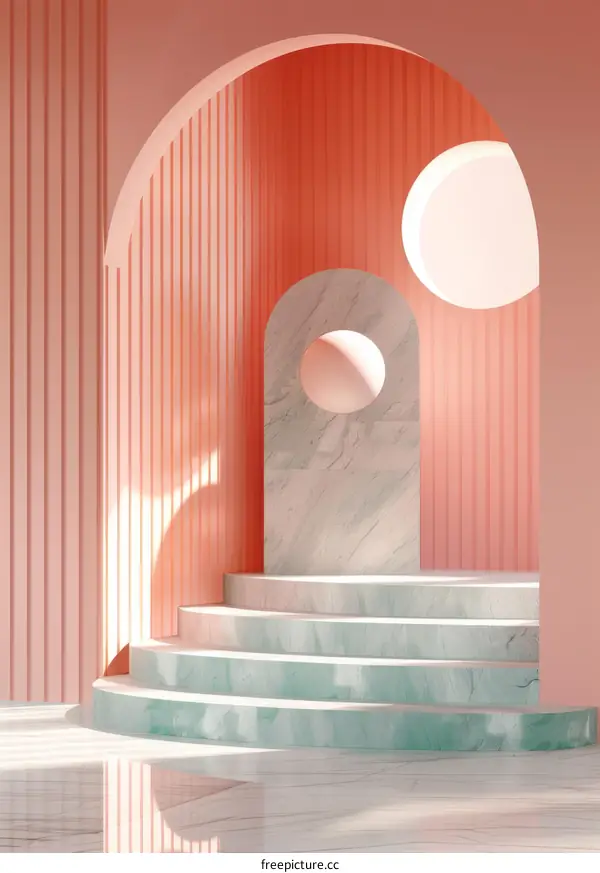 Minimal Product Showcase, Pink And White Marble Podium With Archway, 3D Rendering