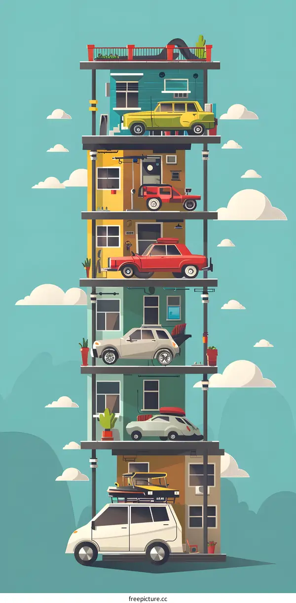 Stacked House With Cars Illustration