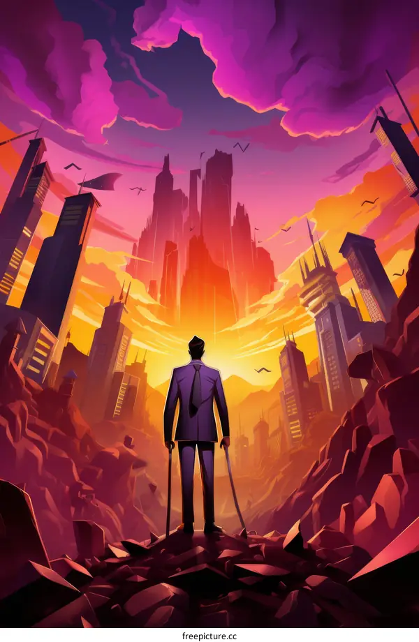 A businessman stands on a mountain of rubble and looks at a ruined city.